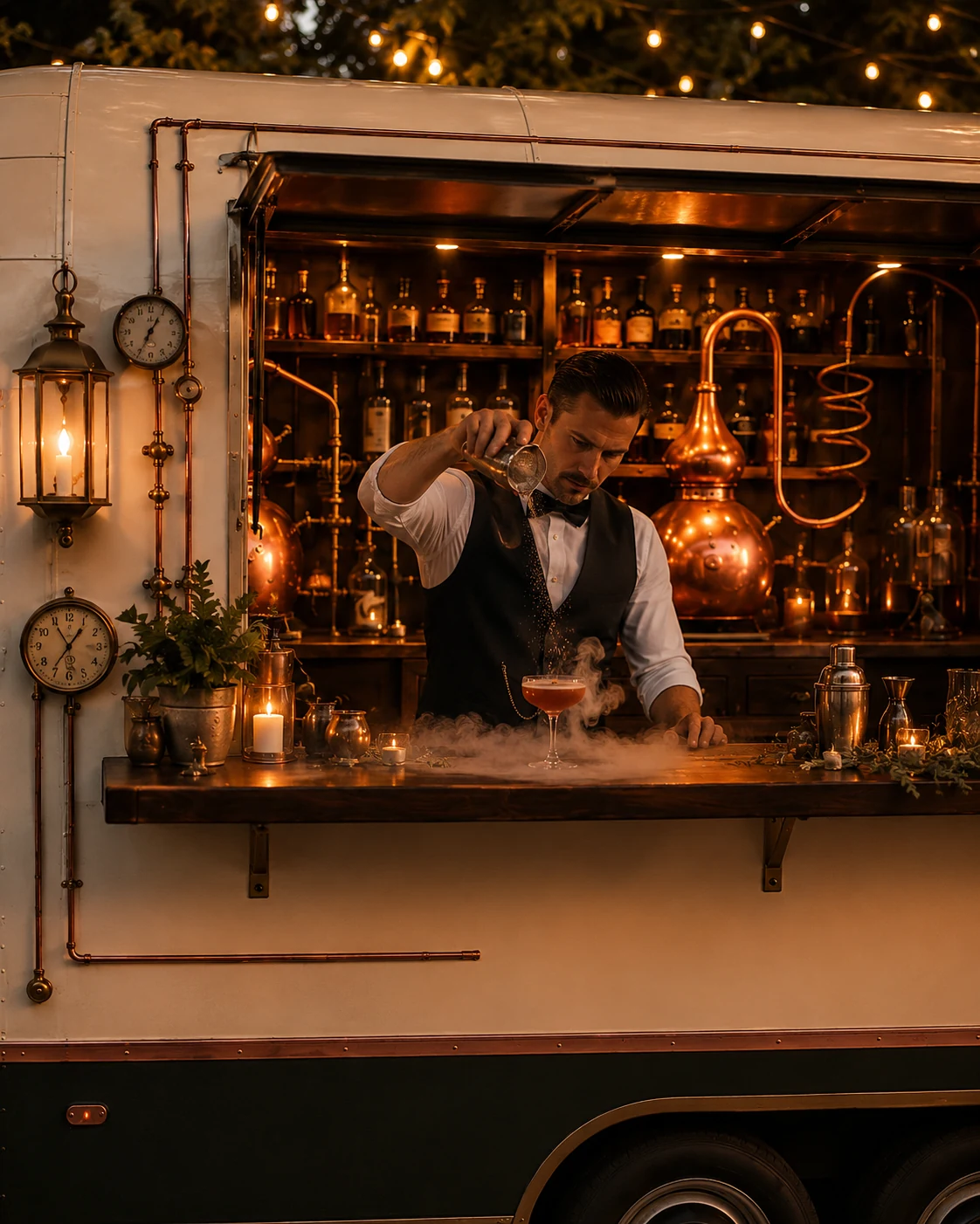 Bartender presenting a theatrical cocktail from the mobile bar