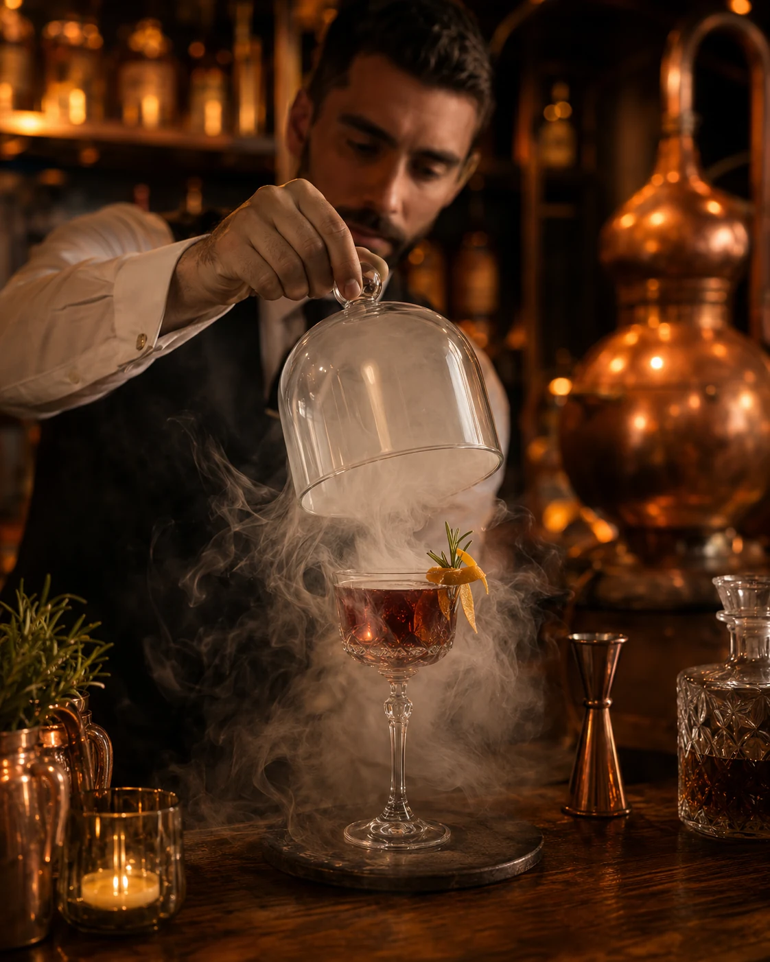 Smoked cocktail unveiled beneath a glass cloche