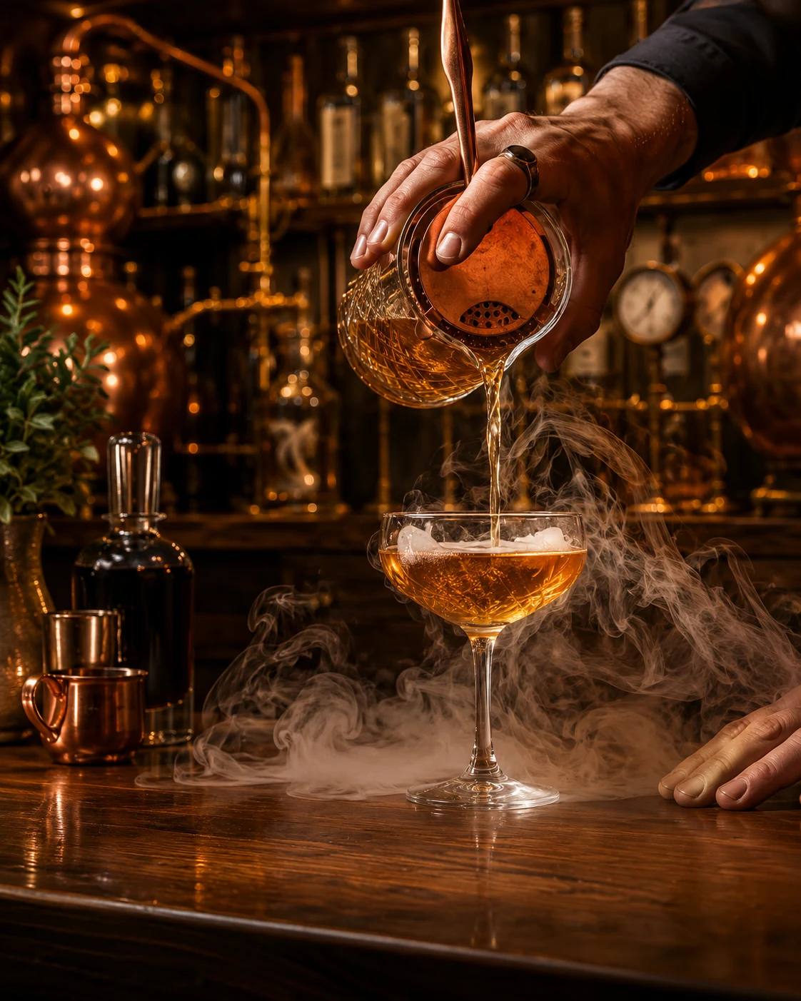 Amber cocktail poured through a copper strainer amid smoke