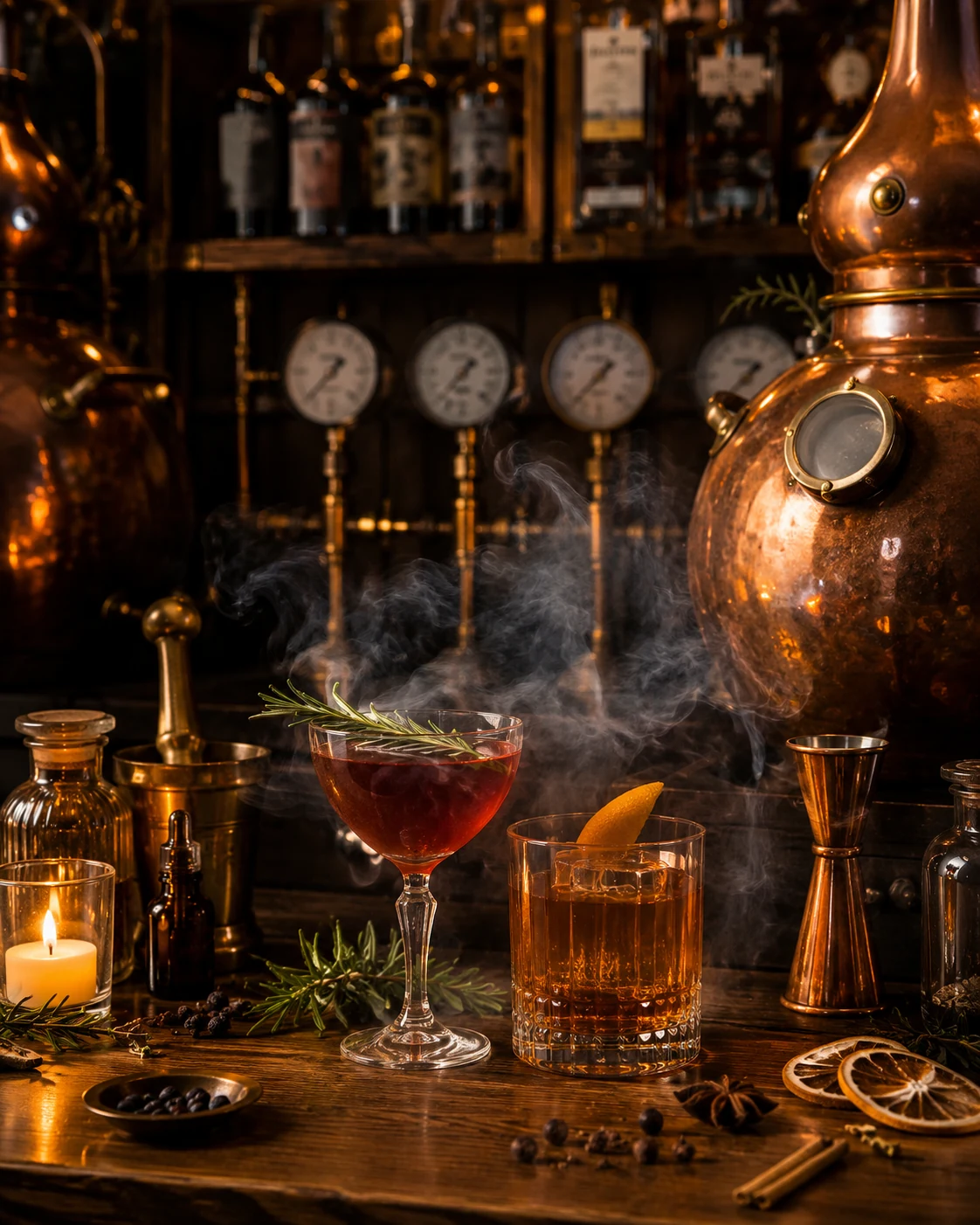 Two refined cocktails among copper vessels, botanicals and candlelight