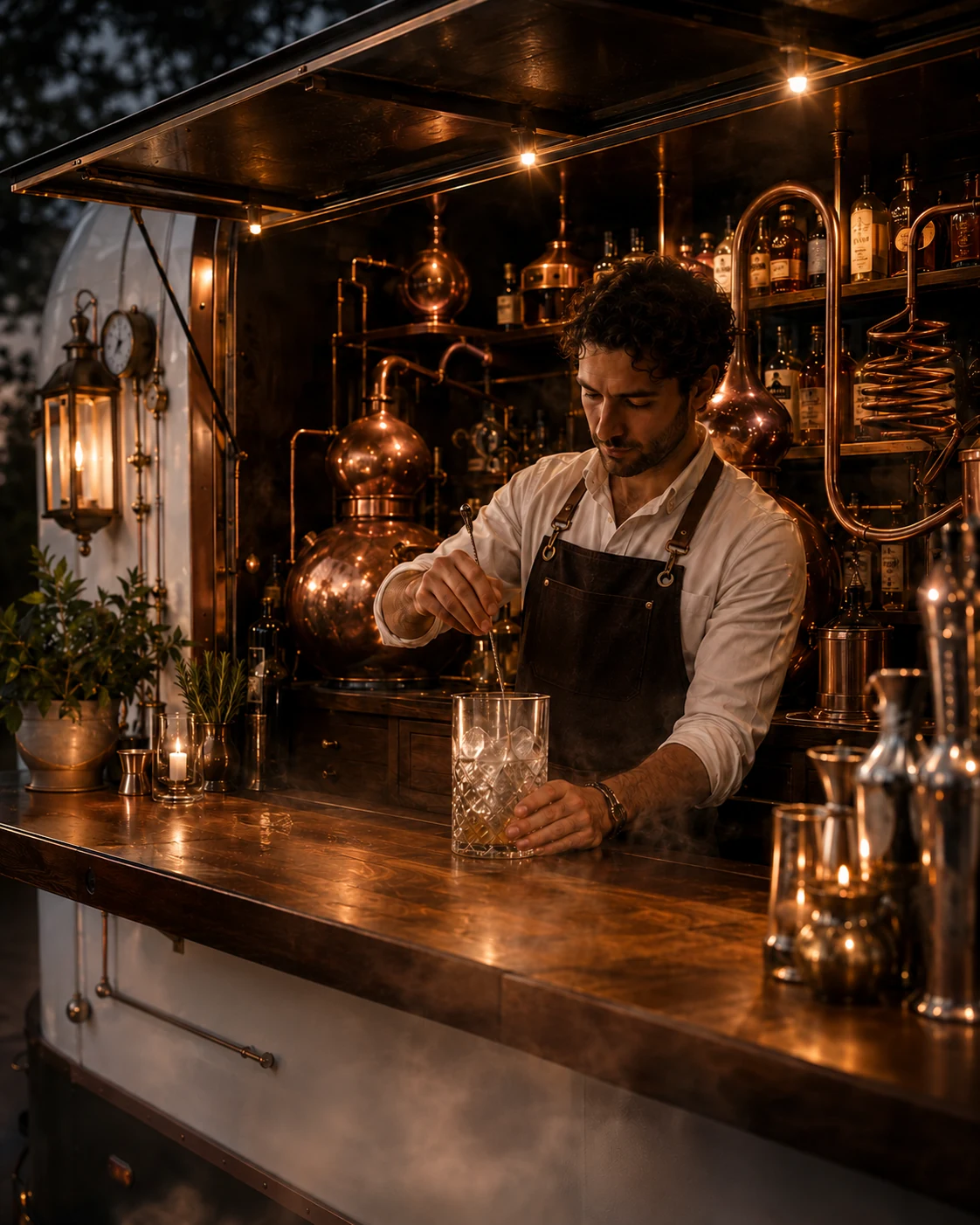 Bartender crafting a cocktail among glowing copper stills