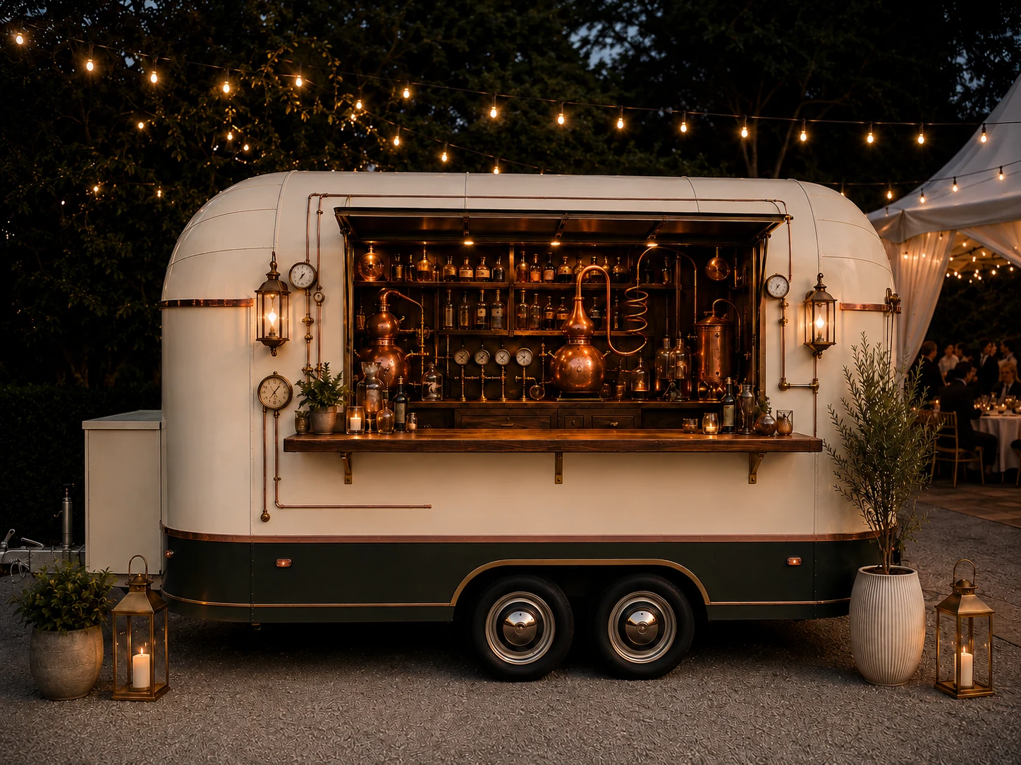 Alchemy's illuminated vintage mobile bar trailer at night