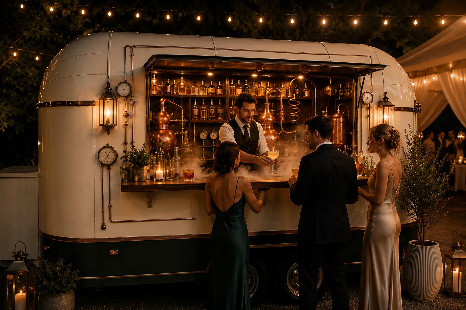 Guests enjoying Alchemy mobile bar service at an elegant evening wedding